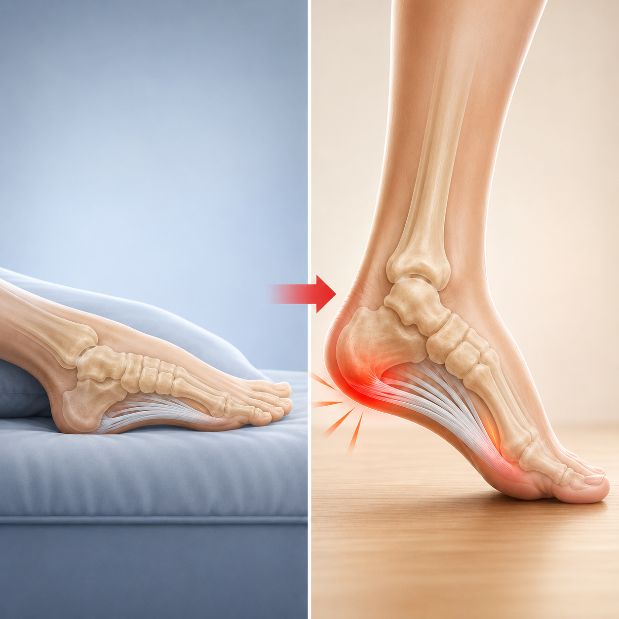 Illustration showing morning heel pain and plantar fascia strain